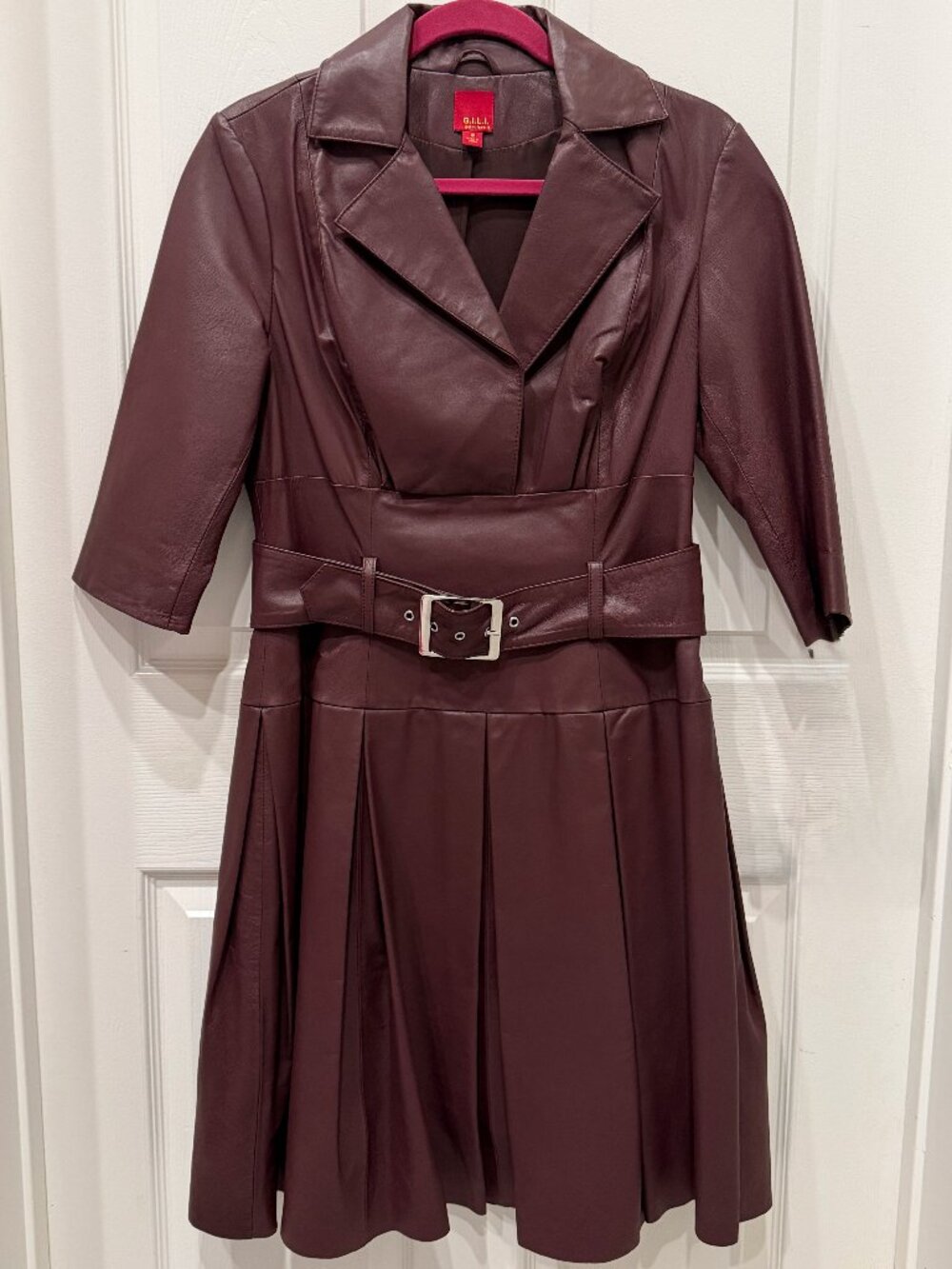 100% Genuine Leather Plum Belted Trench Dress Size 8 Lambskin Pleated Midi